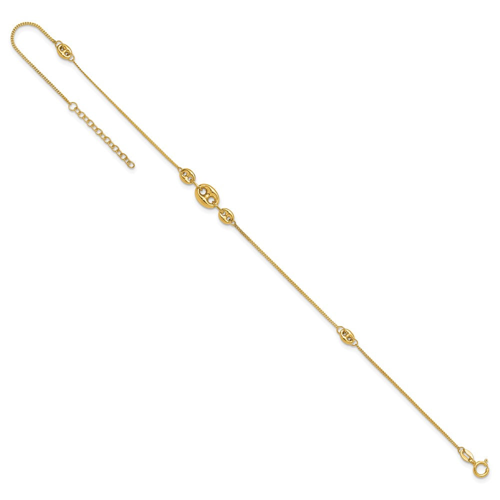 14K Polished Fancy Link Three Station 9in Plus 1in extension Anklet