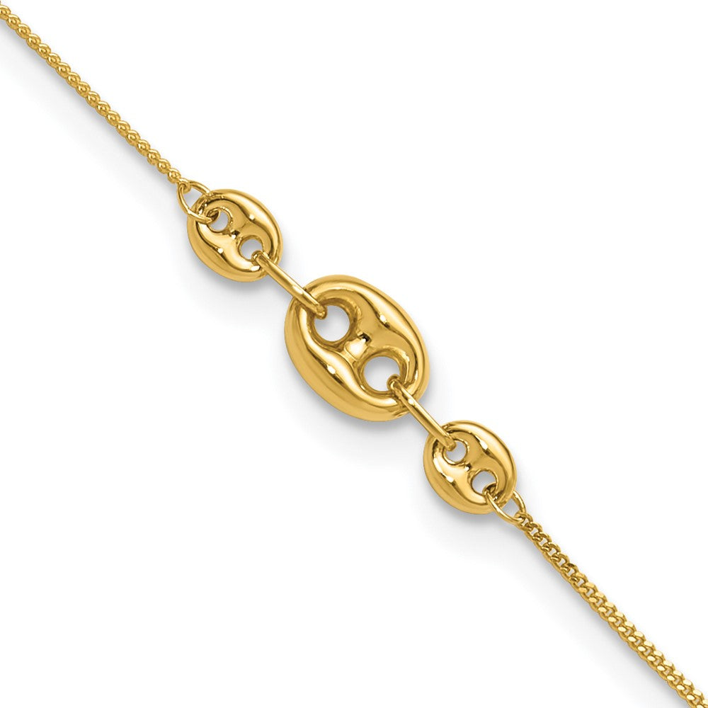 14K Polished Fancy Link Three Station 9in Plus 1in extension Anklet