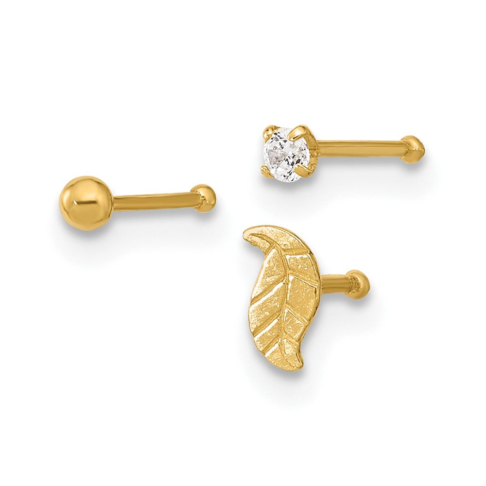 14K 22 Gauge Leaf, Ball and CZ Post Nose Set