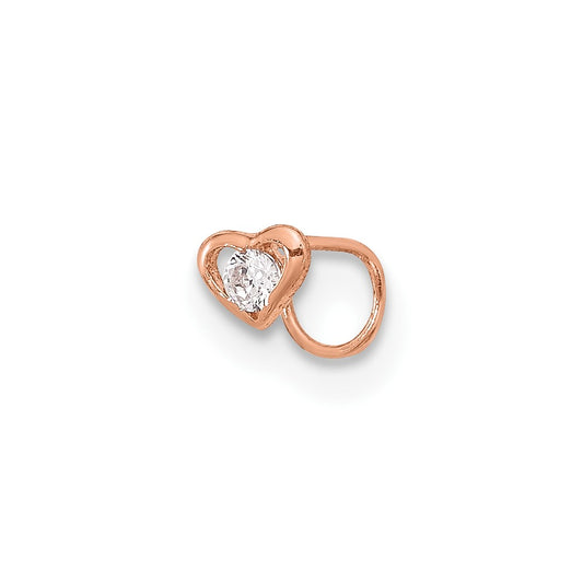 14K Rose Gold 23 Gauge CZ Heart Nose Post