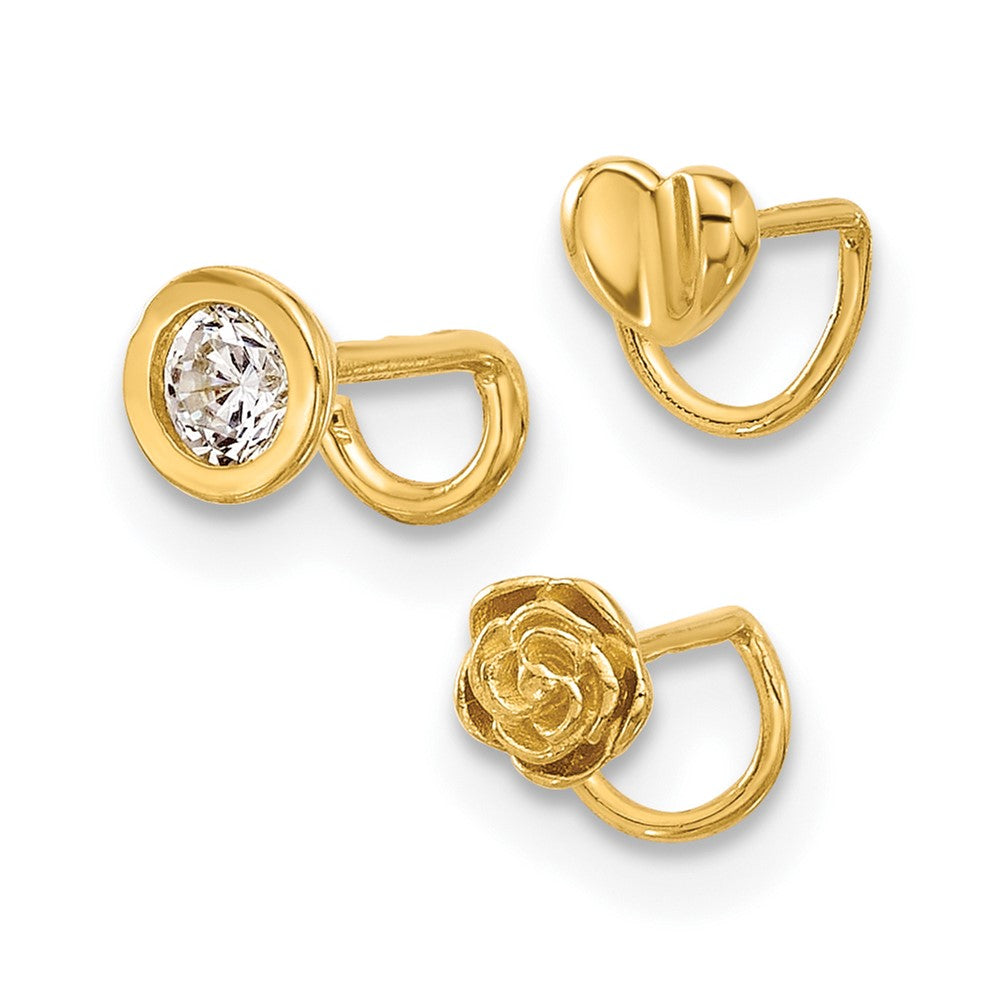 14K 22 Gauge Polished CZ, Flower and Heart Nose Ring Set