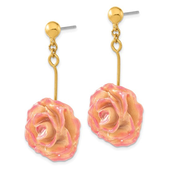 Lacquer Dipped Cream and Fuchsia Real Rose Gold-tone Dangle Post Earrings