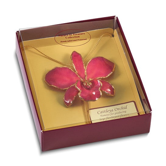 24K Gold-trim Lacquer Dipped Fuchsia Real Cattleya Orchid Slip-on Adjustable Gold-tone Necklace