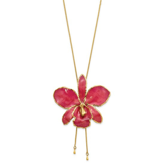 24K Gold-trim Lacquer Dipped Fuchsia Real Cattleya Orchid Slip-on Adjustable Gold-tone Necklace