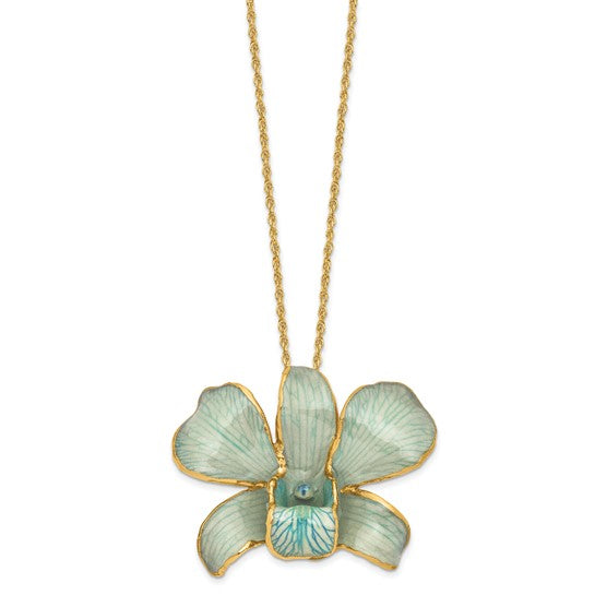 24K Gold-trim Lacquer Dipped Blue Real Dendrobium Orchid 20in Gold-tone Necklace