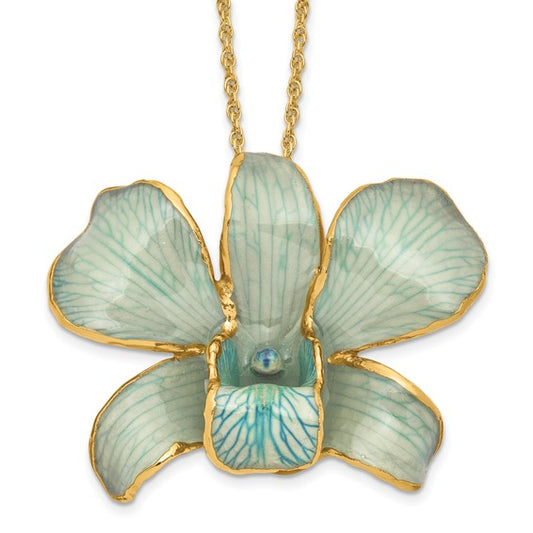 24K Gold-trim Lacquer Dipped Blue Real Dendrobium Orchid 20in Gold-tone Necklace