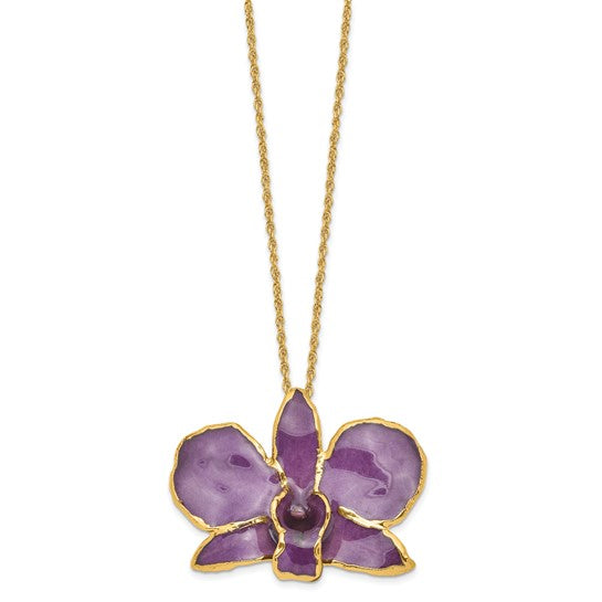 24K Gold-trim Lacquer Dipped Purple Real Dendrobium Orchid 20 inch Gold-tone Necklace