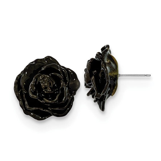 Lacquer Dipped Black Real Rose Silver-tone Post Earrings