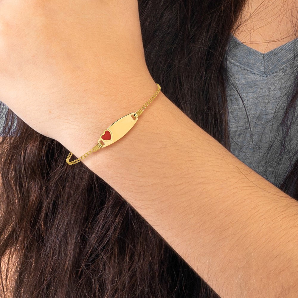 14k Polished ID with Red Enameled Heart 5.5in Bracelet