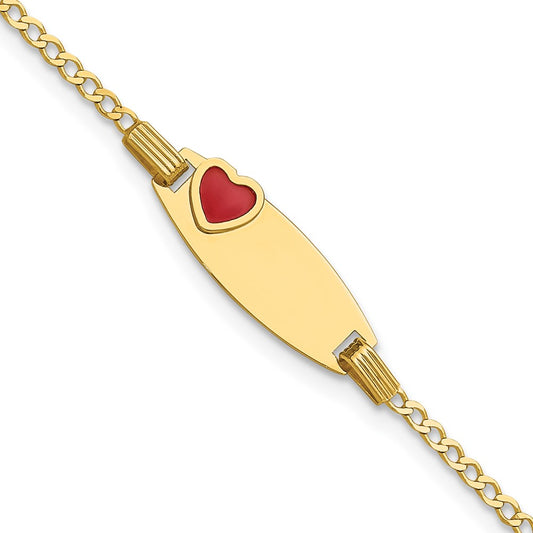 14k Polished ID with Red Enameled Heart 5.5in Bracelet