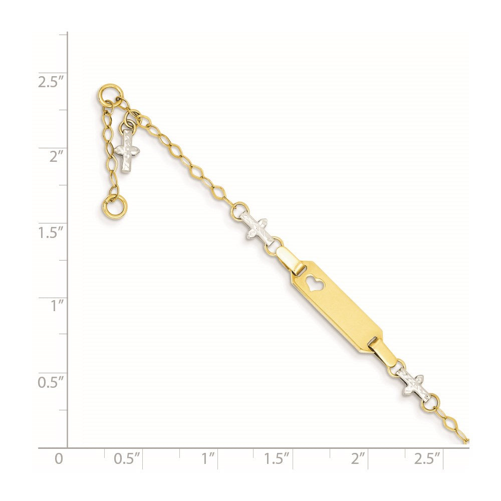 14k Two-tone Polished and Textured Cross w/1in ext. ID Bracelet