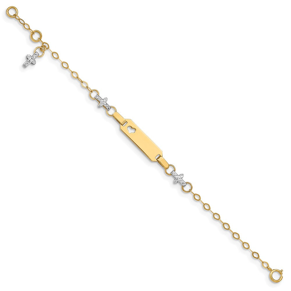 14k Two-tone Polished and Textured Cross w/1in ext. ID Bracelet
