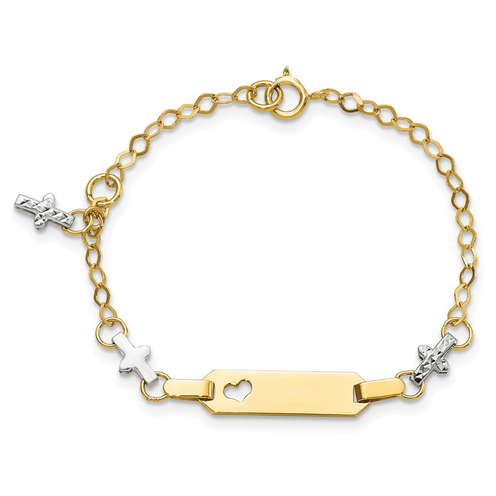 14k Two-tone Polished and Textured Cross w/1in ext. ID Bracelet