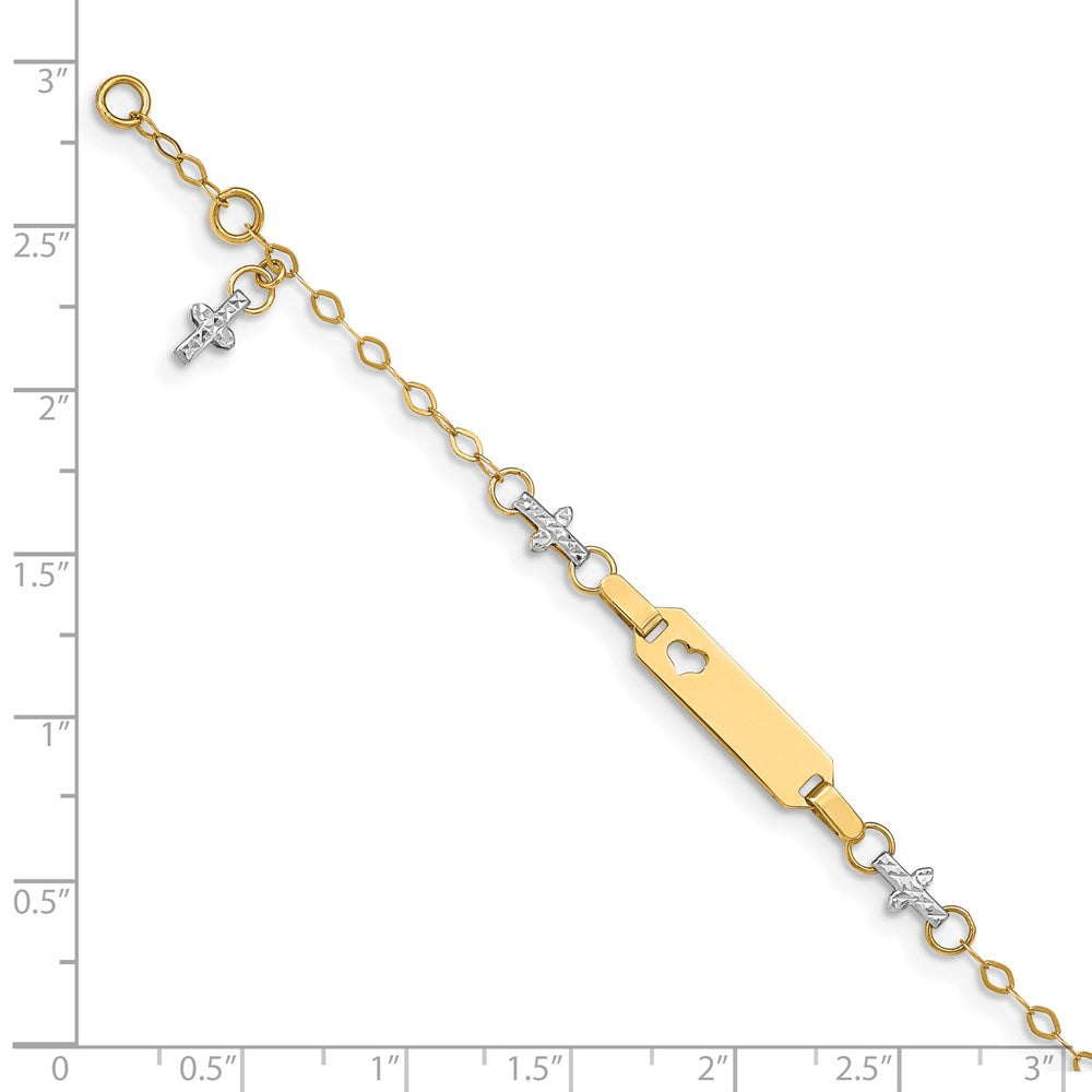 14k Two-tone Polished and Textured Cross w/1in ext. ID Bracelet