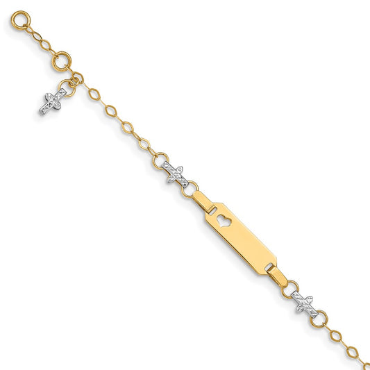 14k Two-tone Polished and Textured Cross w/1in ext. ID Bracelet