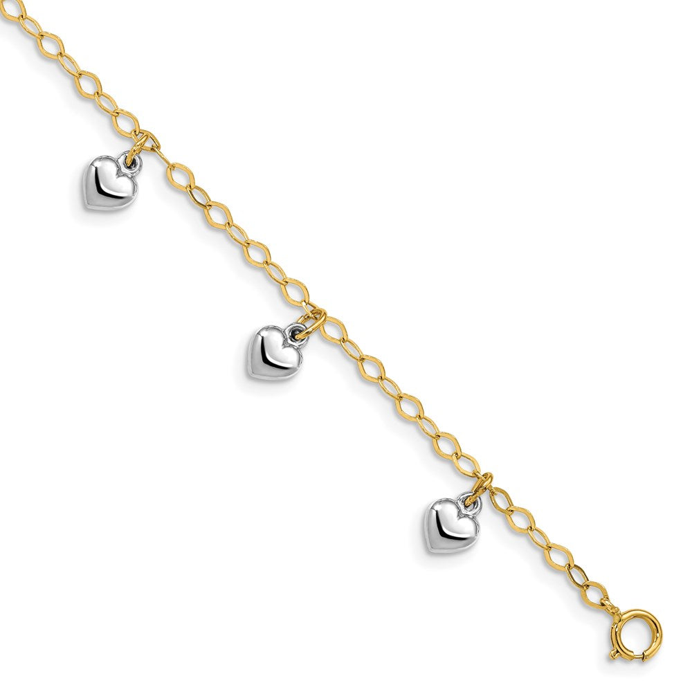 14k Two-tone Polished Dangle Heart Bracelet