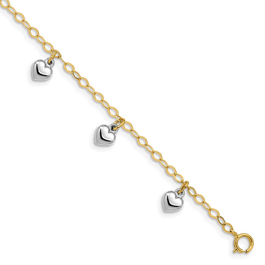 14k Two-tone Polished Dangle Heart Bracelet
