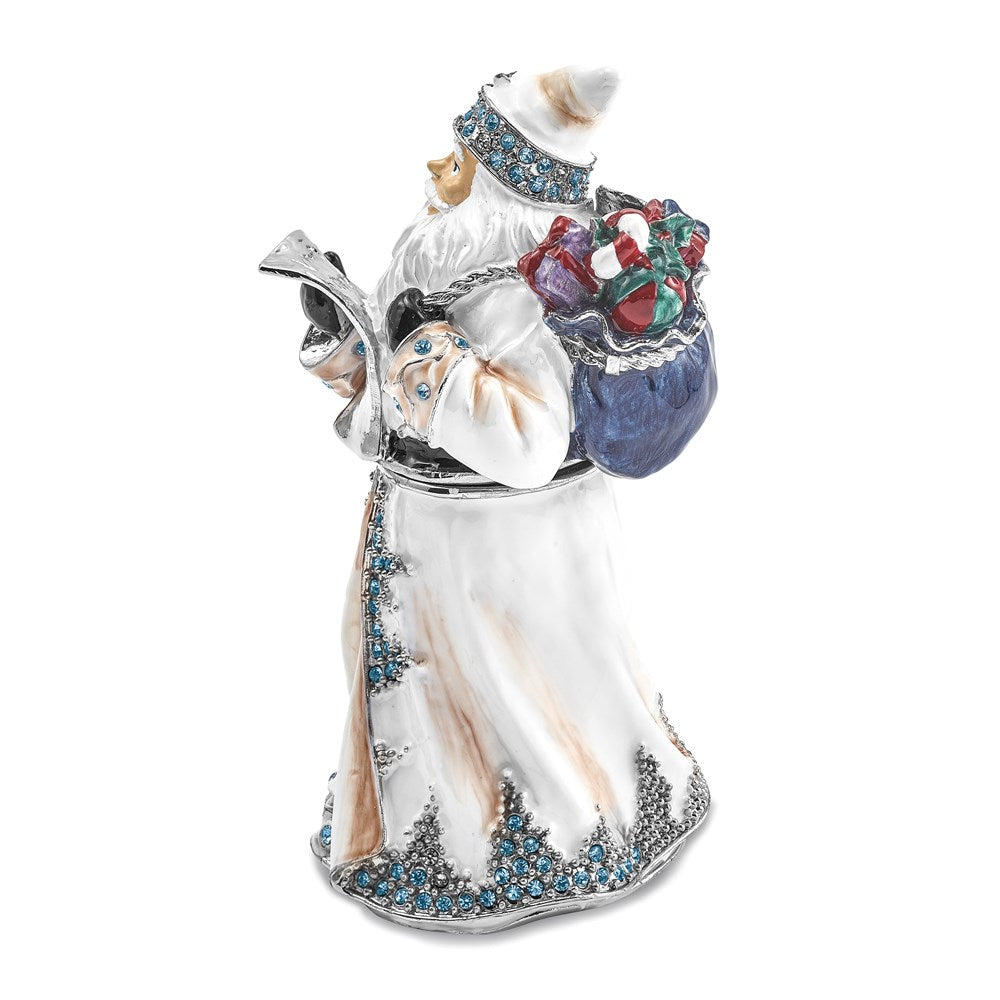 Luxury Giftware by Jere Bejeweled Crystals Siver-tone Enameled ST. NICHOLAS SINTERKLAAS White Santa Trinket Box with Matching 18 Inch Necklace