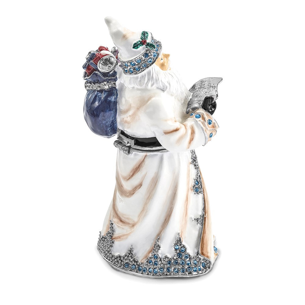 Luxury Giftware by Jere Bejeweled Crystals Siver-tone Enameled ST. NICHOLAS SINTERKLAAS White Santa Trinket Box with Matching 18 Inch Necklace