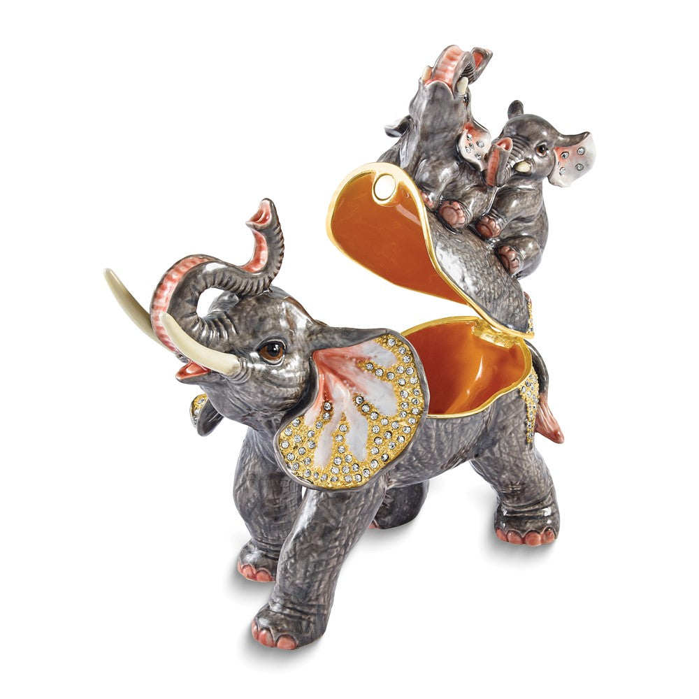 Luxury Giftware Bejeweled GERDA'S TWINS Elephant Family Trinket Box with Matching 18 inch Necklace