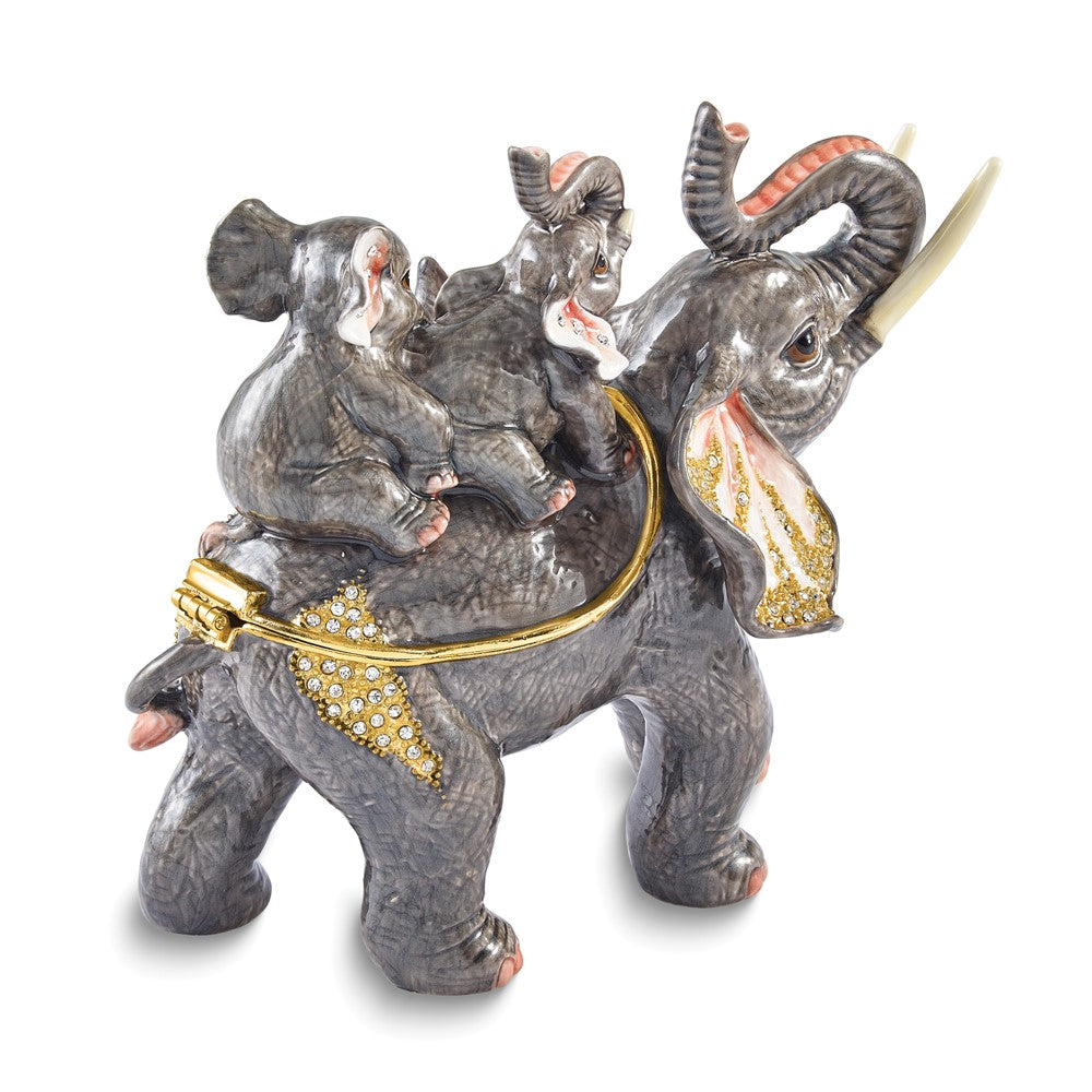 Luxury Giftware Bejeweled GERDA'S TWINS Elephant Family Trinket Box with Matching 18 inch Necklace