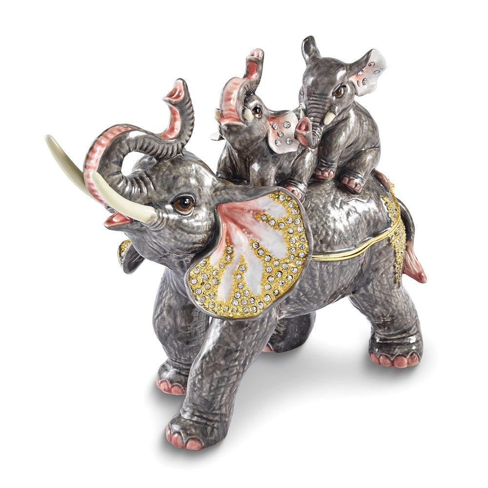 Luxury Giftware Bejeweled GERDA'S TWINS Elephant Family Trinket Box with Matching 18 inch Necklace