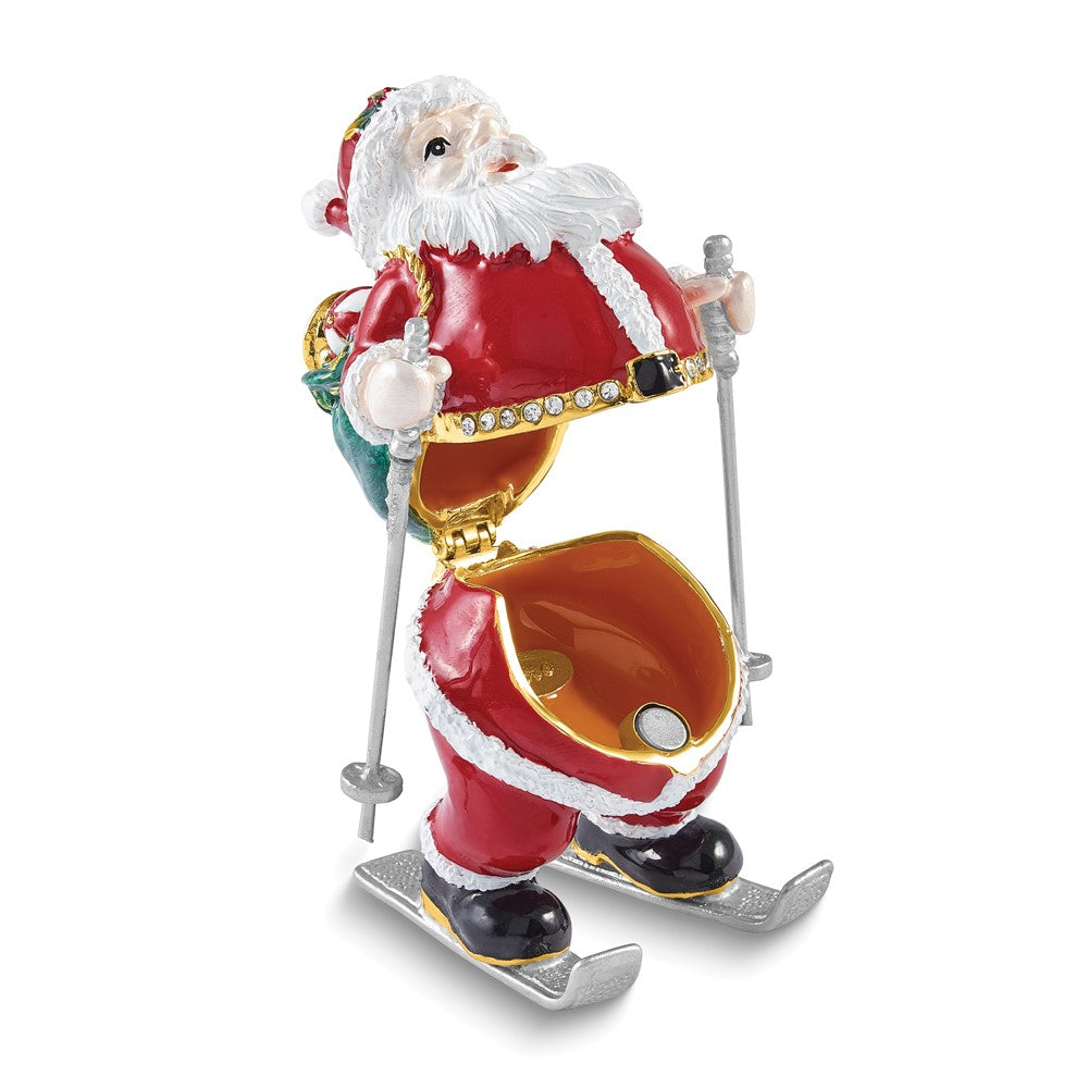 Luxury Giftware Bejeweled HITTING THE SLOPES Skiing Santa Trinket Box with Matching 18 inch Necklace
