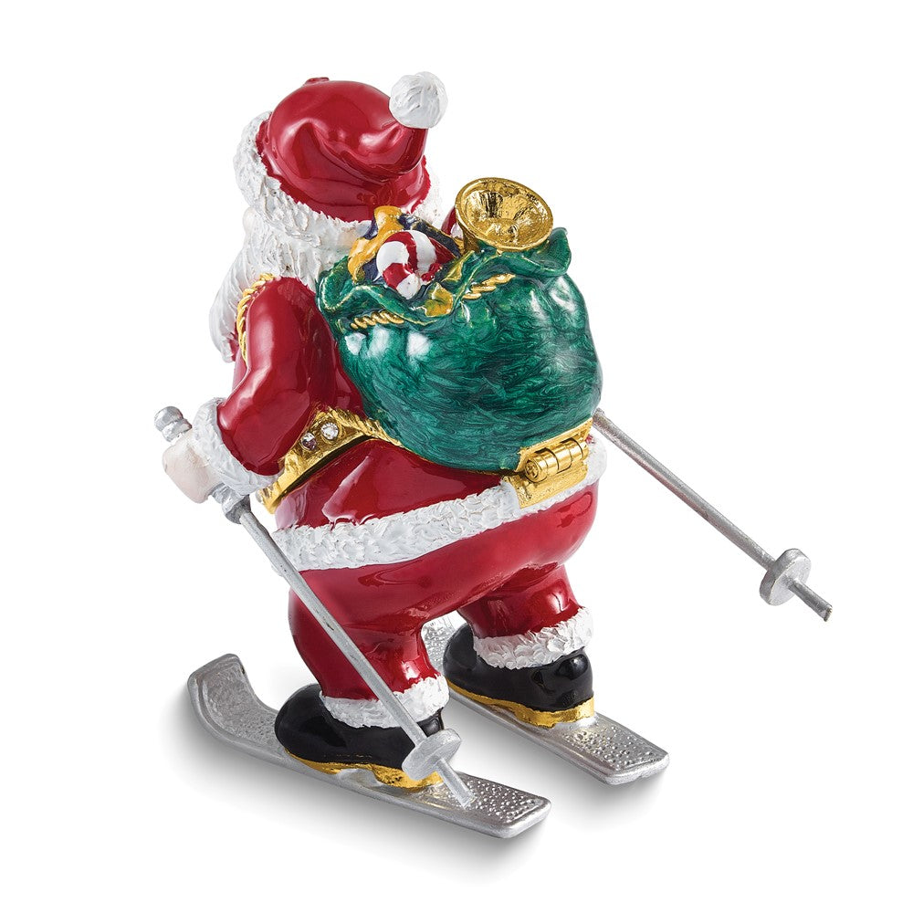 Luxury Giftware Bejeweled HITTING THE SLOPES Skiing Santa Trinket Box with Matching 18 inch Necklace