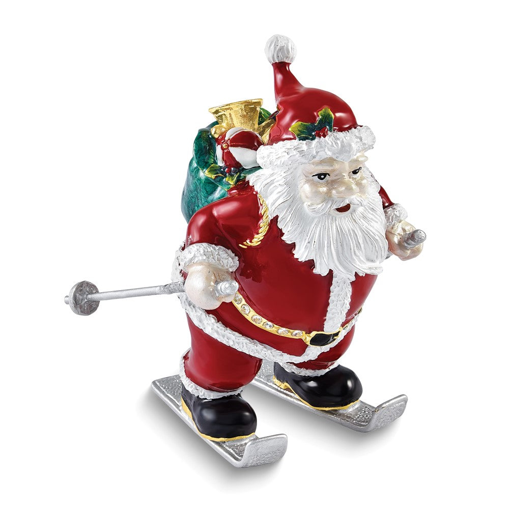Luxury Giftware Bejeweled HITTING THE SLOPES Skiing Santa Trinket Box with Matching 18 inch Necklace
