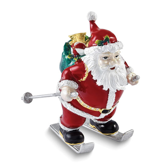 Luxury Giftware Bejeweled HITTING THE SLOPES Skiing Santa Trinket Box with Matching 18 inch Necklace