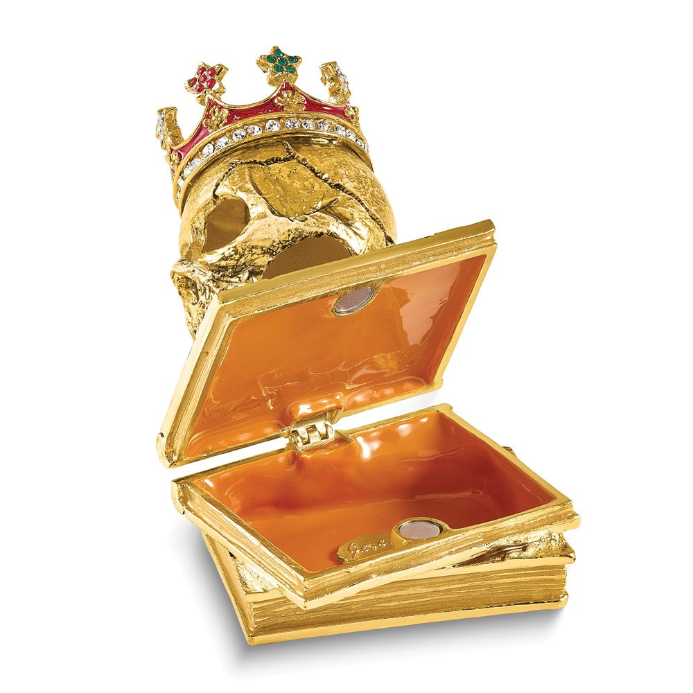 Luxury Giftware Bejeweled SHAKESPEARE Crowned Skull on Books Trinket Box with Matching 18 inch Necklace