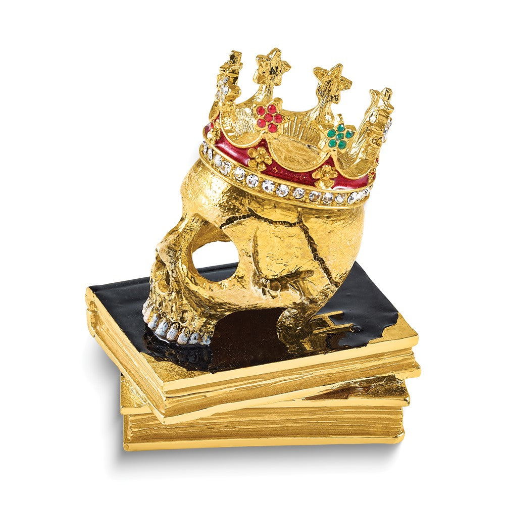 Luxury Giftware Bejeweled SHAKESPEARE Crowned Skull on Books Trinket Box with Matching 18 inch Necklace