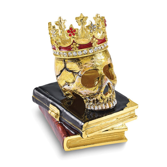 Luxury Giftware Bejeweled SHAKESPEARE Crowned Skull on Books Trinket Box with Matching 18 inch Necklace