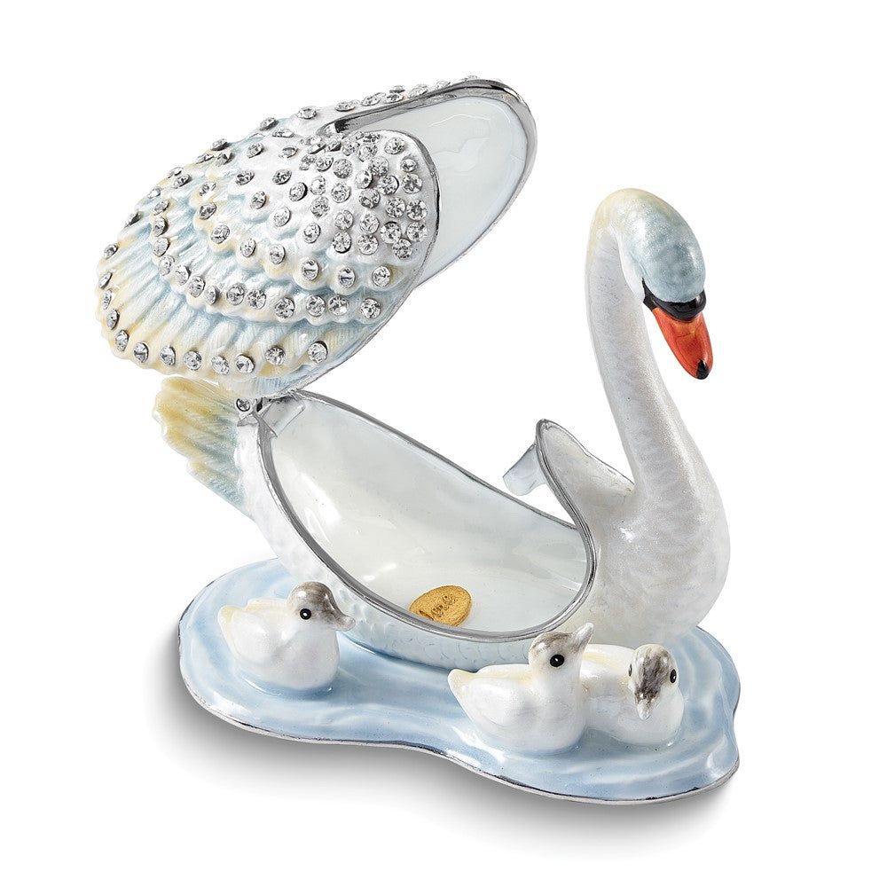 Luxury Giftware Bejeweled LEDAS DEVOTION Swan Family Trinket Box with Matching 18 inch Necklace