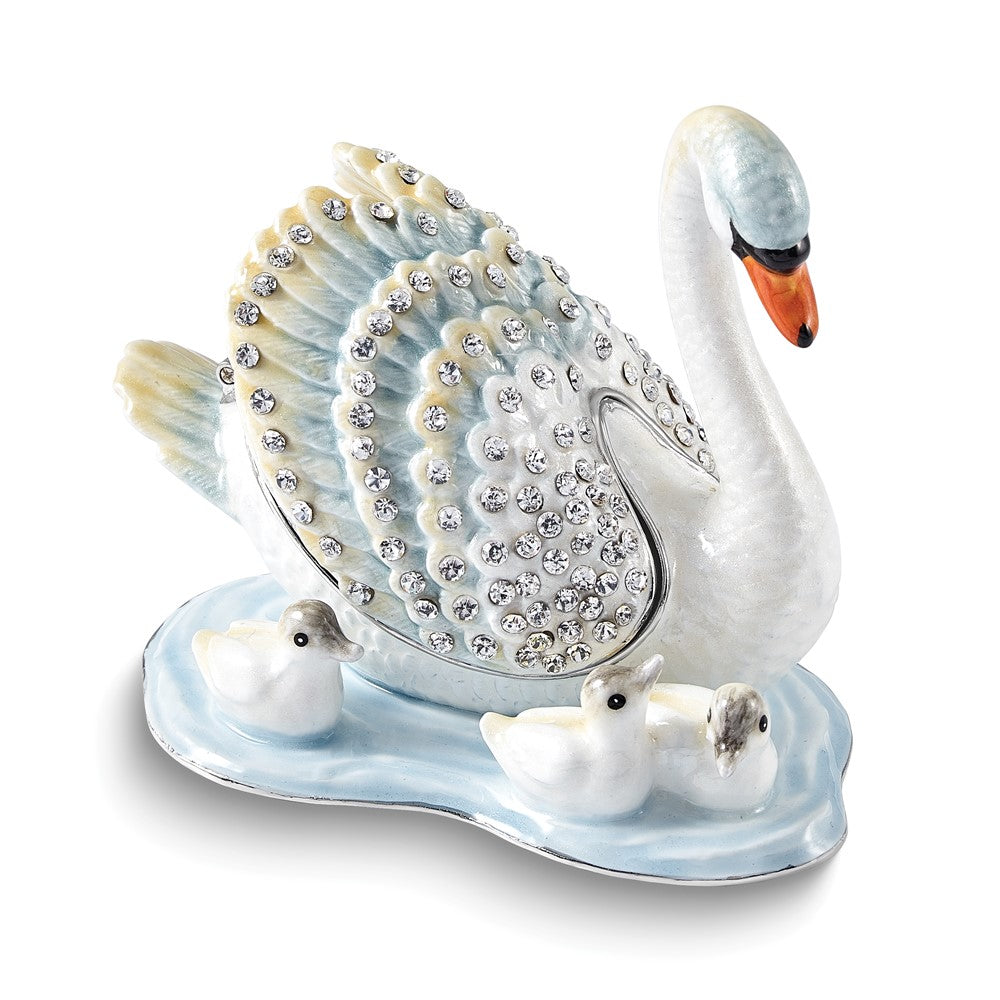 Luxury Giftware Bejeweled LEDAS DEVOTION Swan Family Trinket Box with Matching 18 inch Necklace