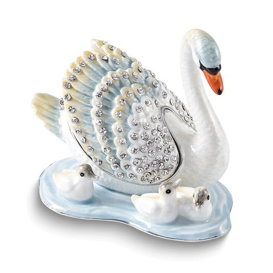 Luxury Giftware Bejeweled LEDAS DEVOTION Swan Family Trinket Box with Matching 18 inch Necklace