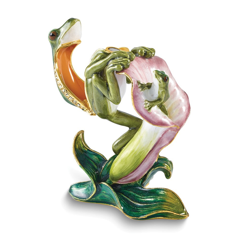Luxury Giftware Bejeweled FLETCHER Frog Climbing on Lily Trinket Box with Matching 18 inch Necklace