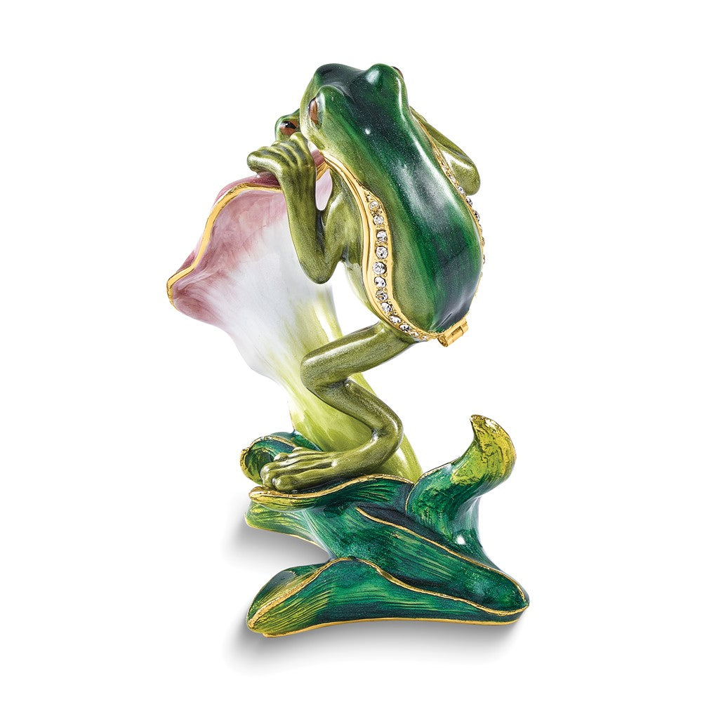 Luxury Giftware Bejeweled FLETCHER Frog Climbing on Lily Trinket Box with Matching 18 inch Necklace
