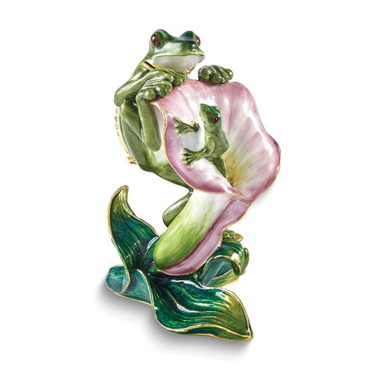 Luxury Giftware Bejeweled FLETCHER Frog Climbing on Lily Trinket Box with Matching 18 inch Necklace