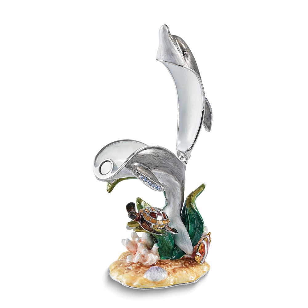 Luxury Giftware Bejeweled TRANQUIL REEF Dolphin with Turtle and Fish Trinket Box with Matching 18 inch Necklace