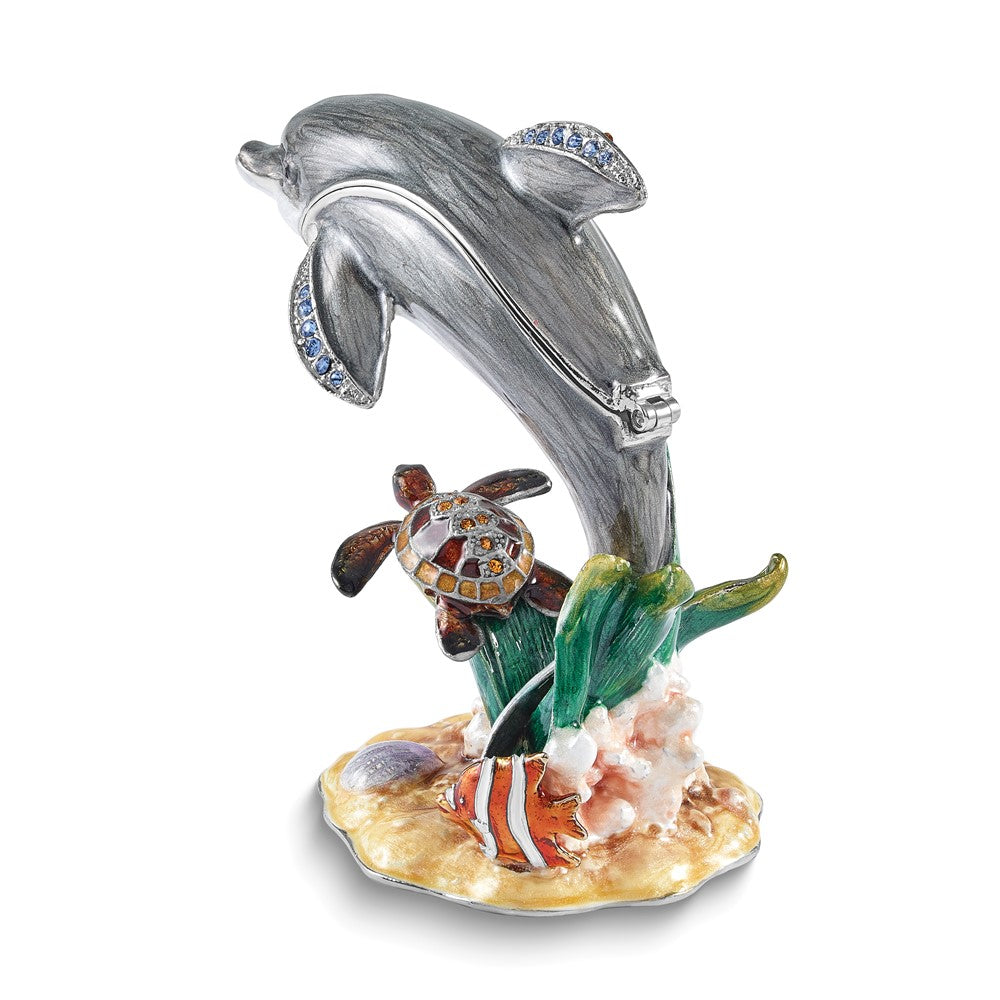 Luxury Giftware Bejeweled TRANQUIL REEF Dolphin with Turtle and Fish Trinket Box with Matching 18 inch Necklace