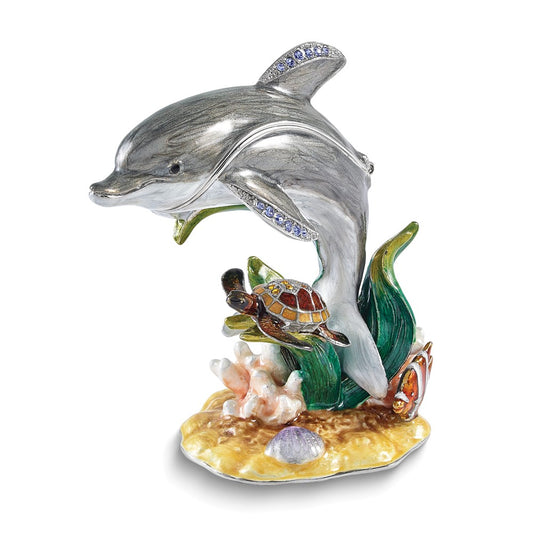 Luxury Giftware Bejeweled TRANQUIL REEF Dolphin with Turtle and Fish Trinket Box with Matching 18 inch Necklace