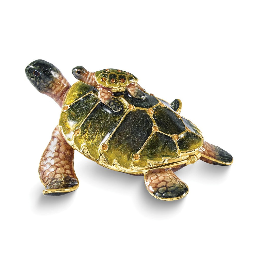 Luxury Giftware Bejeweled MIDORI AND UMI Turtle Family Trinket Box with Matching 18 inch Necklace