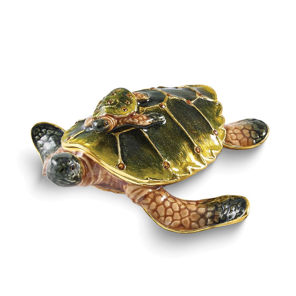 Luxury Giftware Bejeweled MIDORI AND UMI Turtle Family Trinket Box with Matching 18 inch Necklace