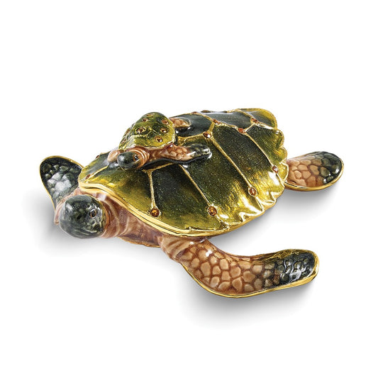Luxury Giftware Bejeweled MIDORI AND UMI Turtle Family Trinket Box with Matching 18 inch Necklace