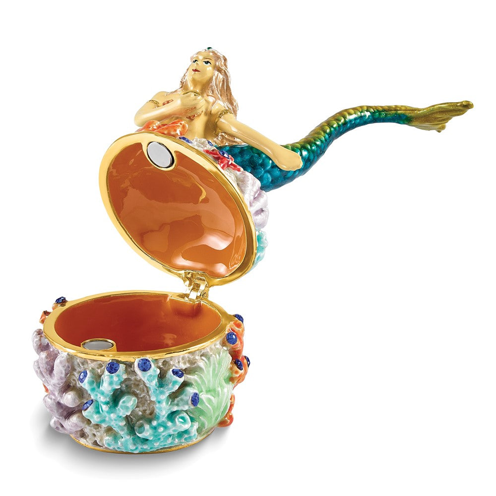 Luxury Giftware Bejeweled NERISSA Mermaid on Coral Trinket Box with Matching 18 inch Necklace