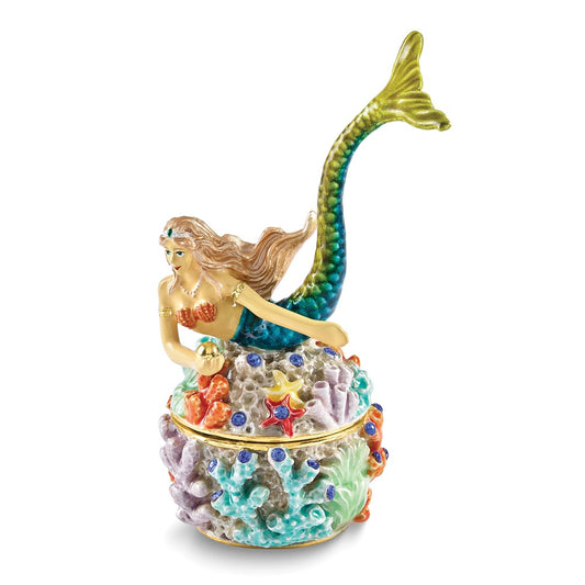 Luxury Giftware Bejeweled NERISSA Mermaid on Coral Trinket Box with Matching 18 inch Necklace
