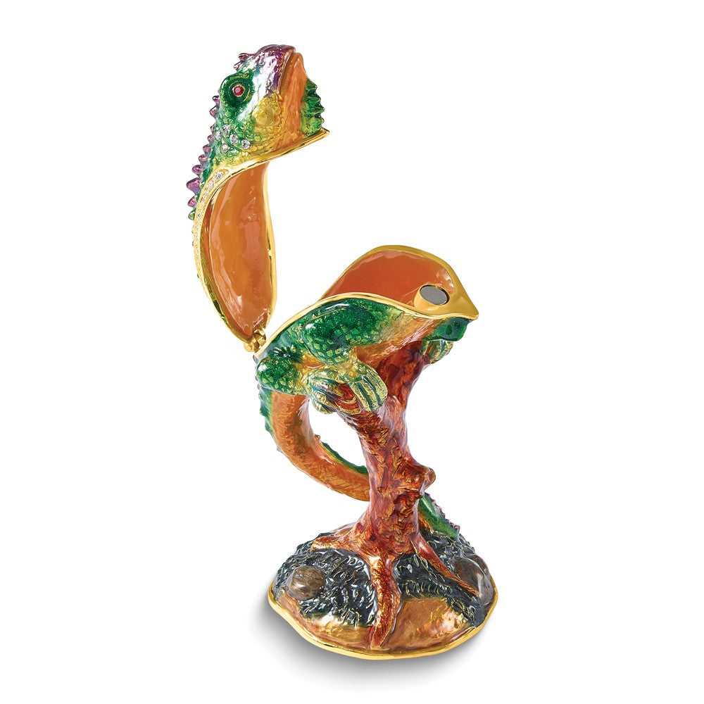 Luxury Giftware Bejeweled CONRAD Chameleon on Branch Trinket Box with Matching 18 inch Necklace