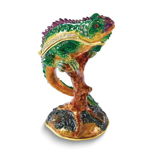 Luxury Giftware Bejeweled CONRAD Chameleon on Branch Trinket Box with Matching 18 inch Necklace