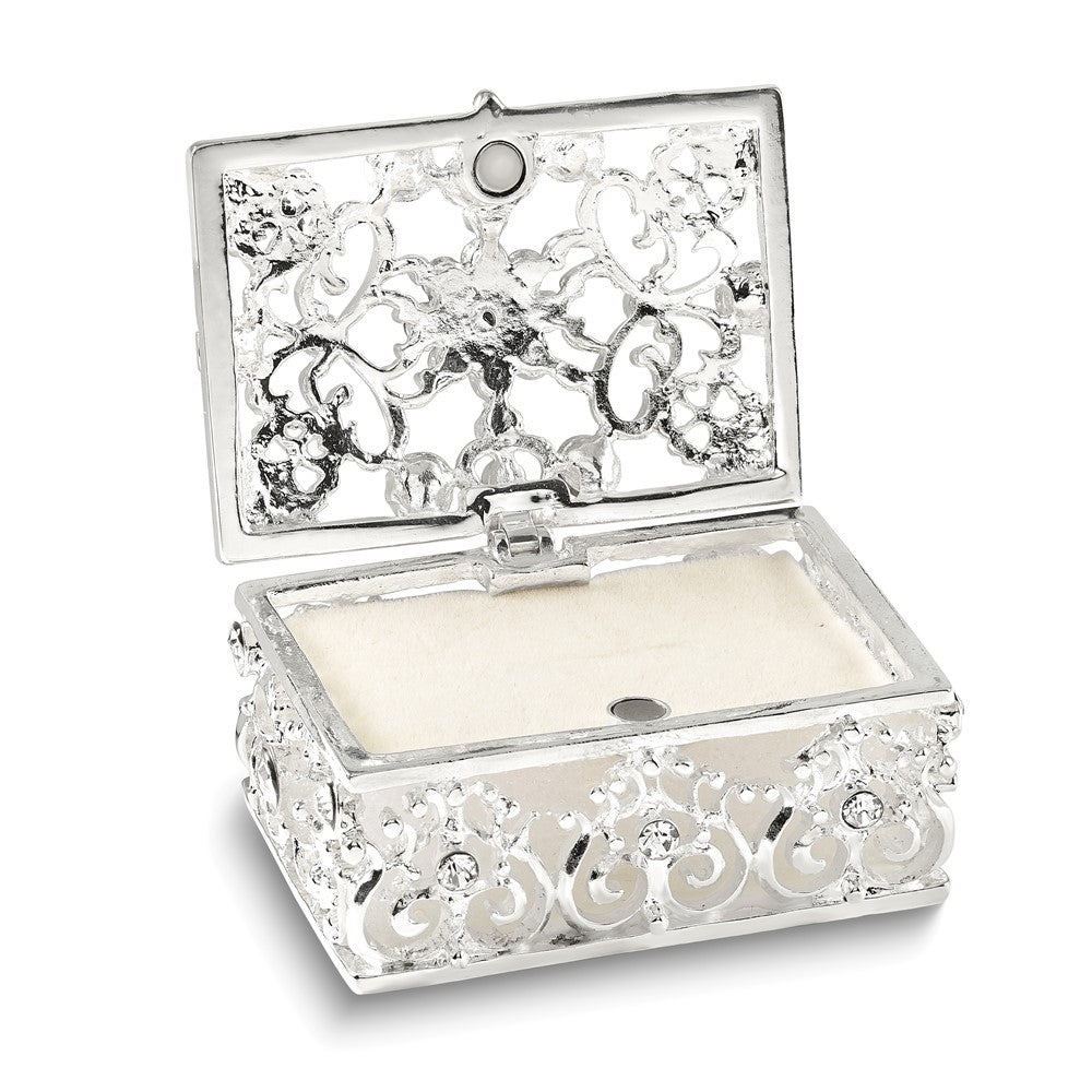 Luxury Giftware Bejeweled ALLURING Rectangle Silver-tone Heart Trinket Box with Matching 18 inch Necklace